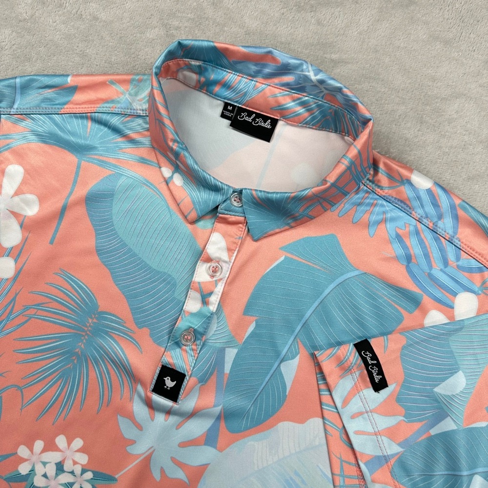 Bad Birdie Polo Shirt Mens Medium Coral Blue Tropical Floral Palm Leaf Golf Top